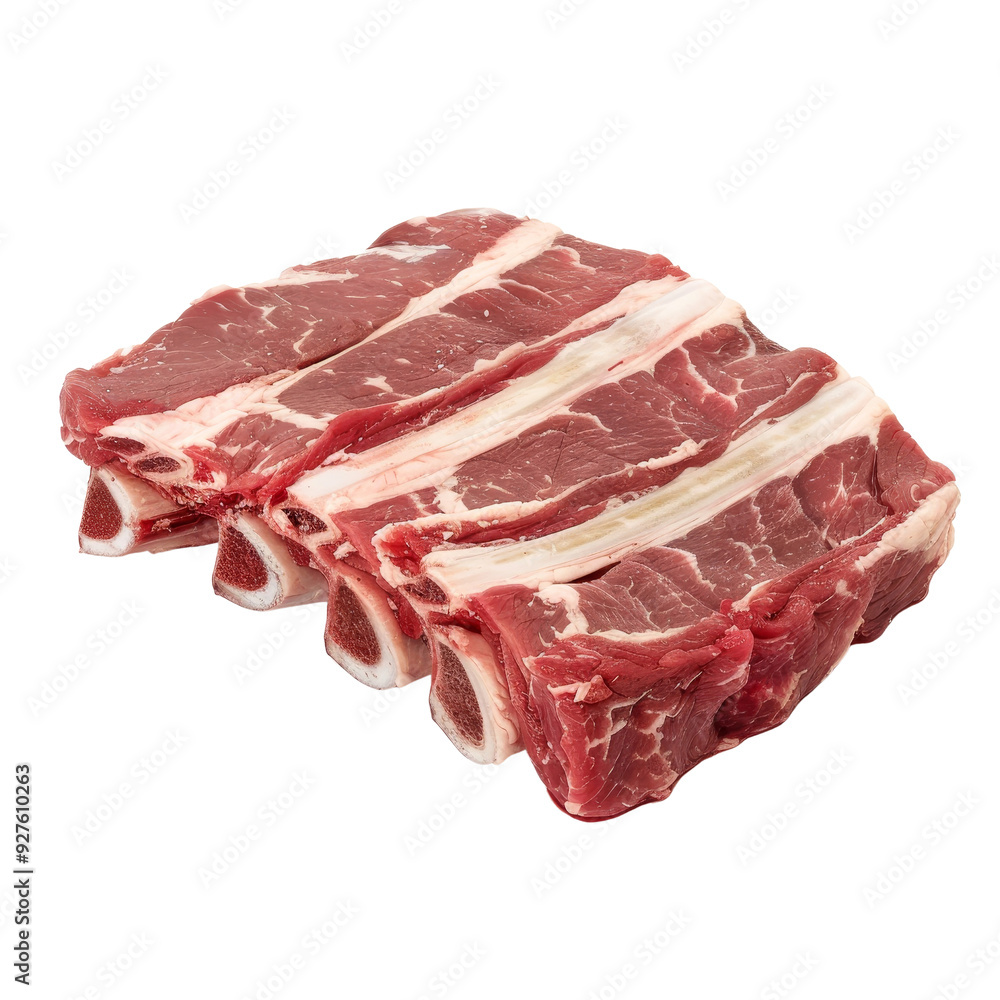 Fresh Raw Beef Ribs Cut with Marbled Fat and Bone Sections.