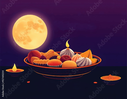 a traditional thali plate of sharad purnima food offering with a full moon in the background