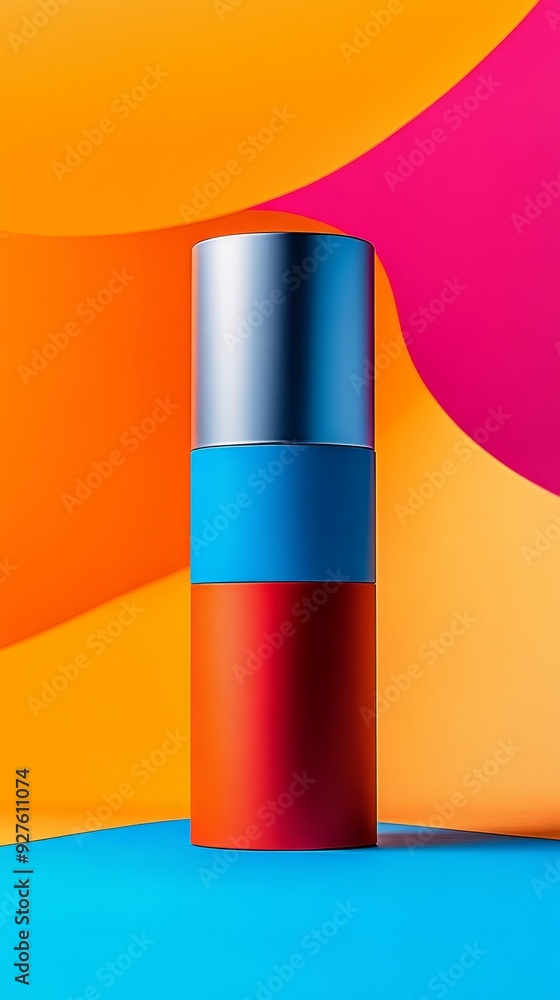 A tall, multi-colored cylinder is the main focus of the image A tall, multi-colored cylinder is the main focus of the image