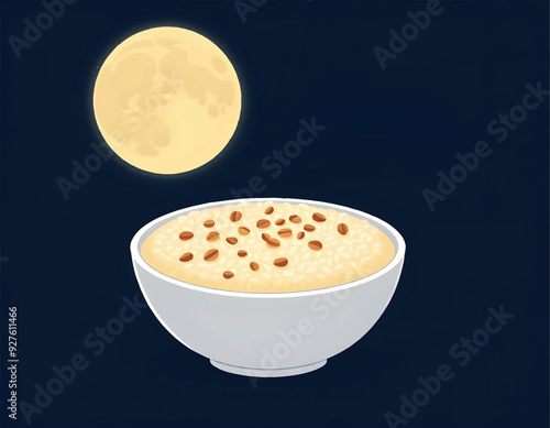 a bowl of indian traditional rice kheer with a full moon in the background in sharad purnima ritual