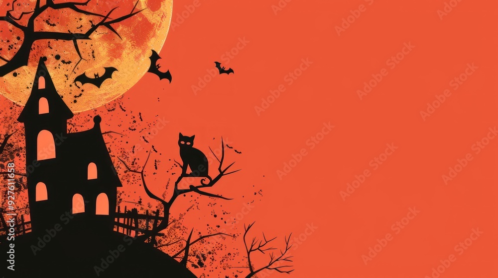 A vertical border with stacked Halloween elements like haunted houses, black cats, and full moons. A vertical border with stacked Halloween elements like haunted houses, black cats, and full moons.