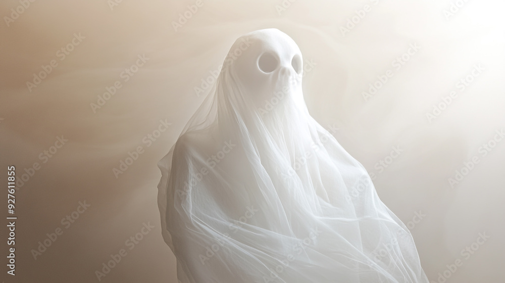 A mysterious ghost figure shrouded in translucent fabric in a foggy, ethereal setting during twilight A mysterious ghost figure shrouded in translucent fabric in a foggy, ethereal setting during twilight