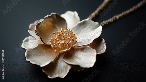 A close-up of a necklace featuring a large flower pendant, resting on a black background for a striking contrast. photo