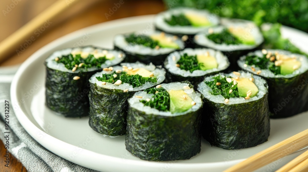 A close-up of healthy kale and avocado sushi rolls, neatly arranged on a white plate with chopsticks, showcasing the vibrant green hues and fresh ingredients. A close-up of healthy kale and avocado sushi rolls, neatly arranged on a white plate with chopsticks, showcasing the vibrant green hues and fresh ingredients.