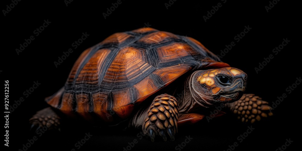 Fototapeta premium Photo of a tortoise isolated against a black background, emphasising the tortoise's majestic features. Wildlife and conservation concept, space for copy.