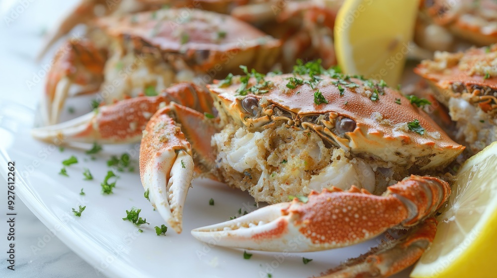 A close-up of stuffed blue crabs on a simple white plate, emphasizing the crisp crust and moist filling, ready to be served with lemon and herbs. A close-up of stuffed blue crabs on a simple white plate, emphasizing the crisp crust and moist filling, ready to be served with lemon and herbs.