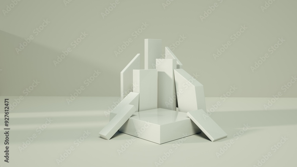 Fototapeta premium 3d render, natural podium concept, mockup, template, stone podium display in wall shadow background. Scene for product display. Realistic podium Illustration.