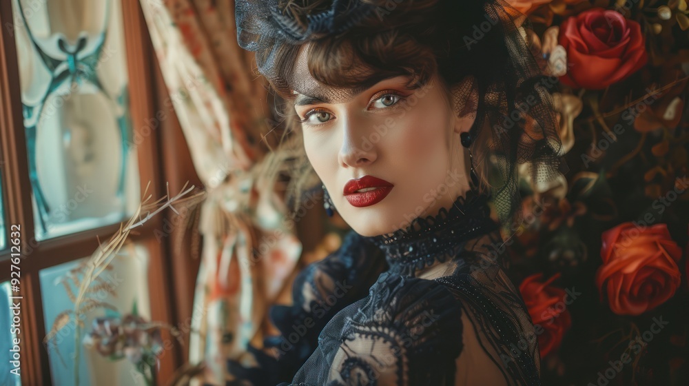 Fototapeta premium A woman in a vintage Halloween costume, posing with retro decor.