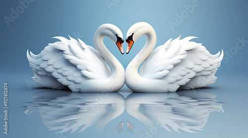 Two elegant swans facing each other form a heart shape with their necks, reflecting perfectly on calm water ideal for themes of love, romance, nature, or tranquility, photo