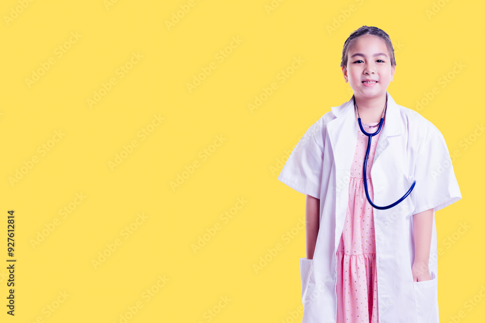 Young girl smiles while wearing a white lab coat and stethoscope, embodying the role of a doctor. Stand against yellow background ideal for concepts related to childhood dreams, healthcare, education Young girl smiles while wearing a white lab coat and stethoscope, embodying the role of a doctor. Stand against yellow background ideal for concepts related to childhood dreams, healthcare, education