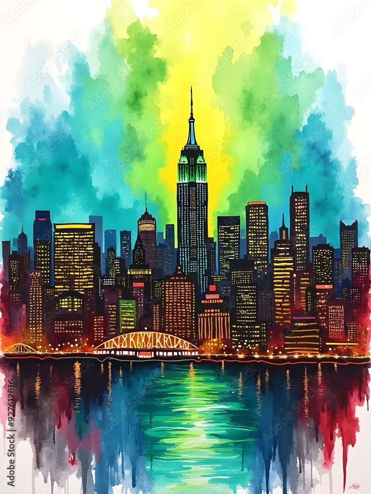 Obraz premium Vibrant Watercolor Skyline Reflection