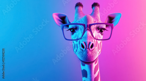 colorful giraffe portrait with glasses against a dual-tone background