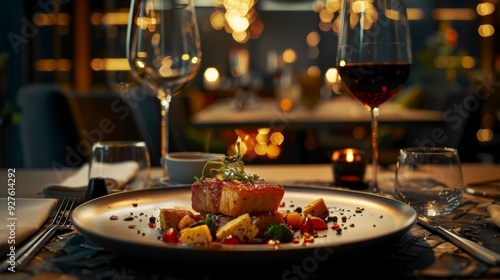 A perfectly plated dish of gourmet food with herbs and spices garnishes, seated in a modern restaurant with two glasses of wine in the background.