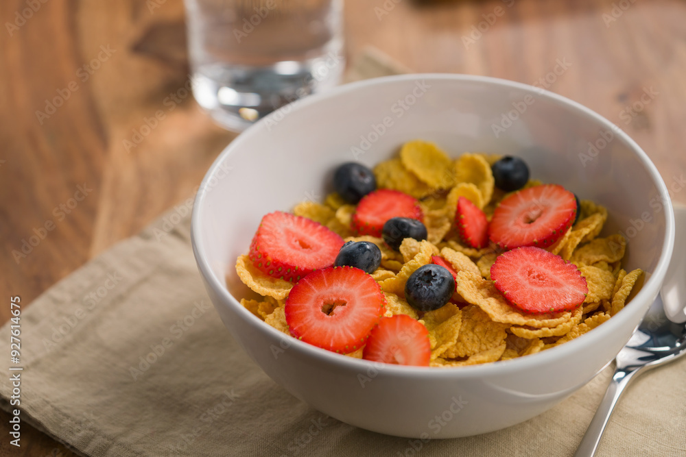 corn flakes with berries in white bowl for breakfast on table corn flakes with berries in white bowl for breakfast on table