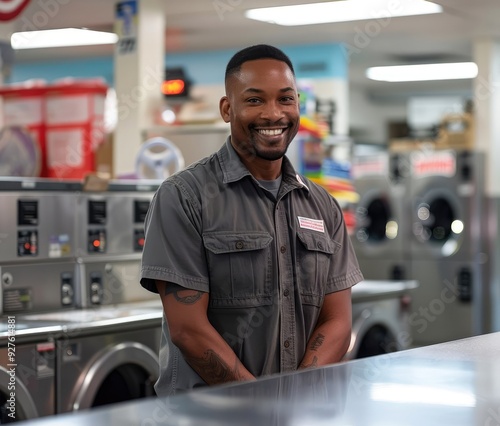 Photorealism a male laundromat employee smiling while standing behind a counter in a laundromat store, with washing machines behind