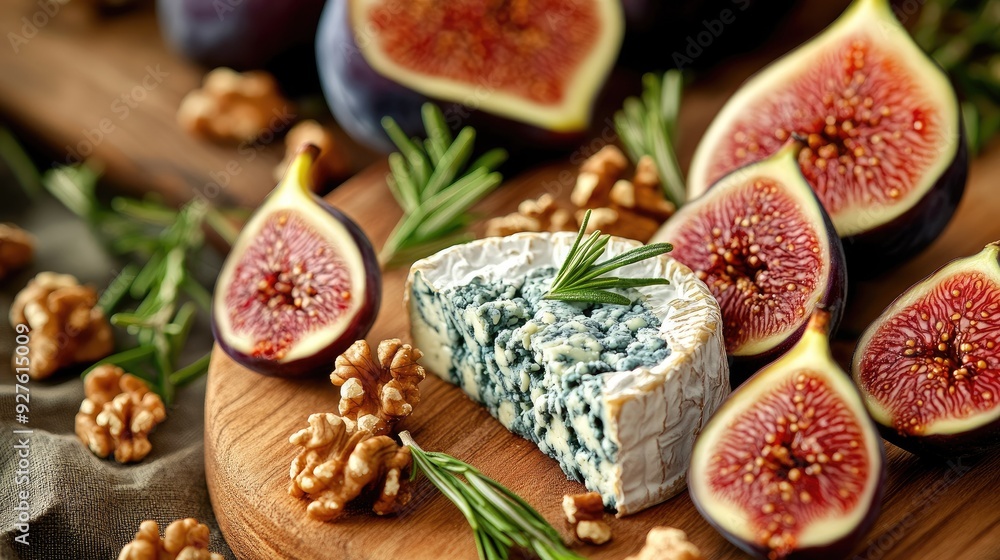 A gourmet combination of blue cheese, fresh figs, crunchy walnuts, and fragrant rosemary, artfully presented on a serving board. A gourmet combination of blue cheese, fresh figs, crunchy walnuts, and fragrant rosemary, artfully presented on a serving board.