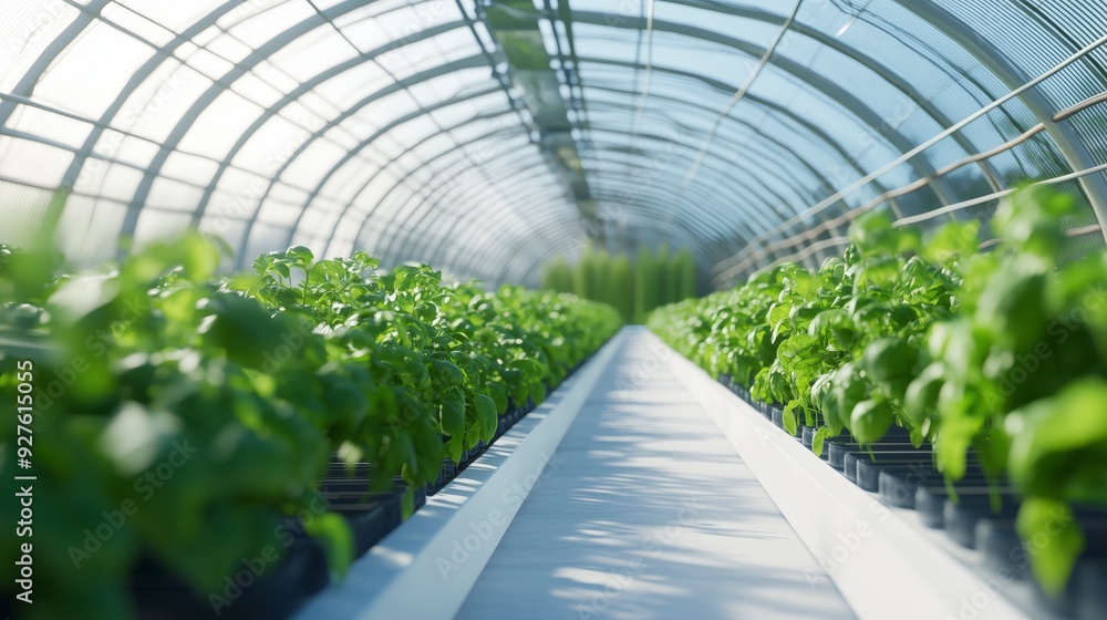 A long aisle of leafy plants in a greenhouse with a white walkway in the middle. A long aisle of leafy plants in a greenhouse with a white walkway in the middle.