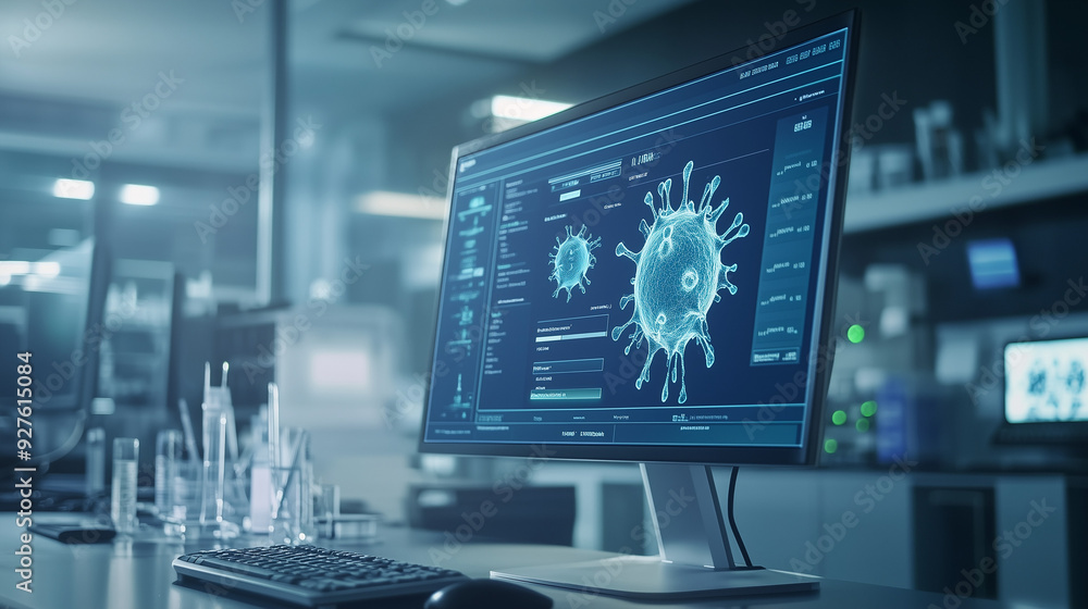 High-Tech Cybersecurity Monitor in Dark Room with Digital Virus Interface High-Tech Cybersecurity Monitor in Dark Room with Digital Virus Interface
