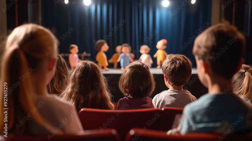 Children Watching a Puppet Show in a Theater, Focus on the Stage Children Watching a Puppet Show in a Theater, Focus on the Stage