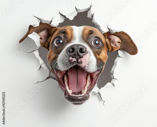 playful boxer dog bursting through broken wall