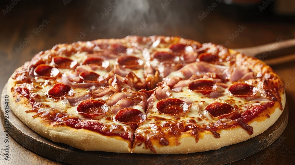 A large pepperoni pizza with bubbling cheese, smoky bacon, ham, fresh tomatoes, and paprika, with steam and a tantalizing aroma wafting above. A large pepperoni pizza with bubbling cheese, smoky bacon, ham, fresh tomatoes, and paprika, with steam and a tantalizing aroma wafting above.