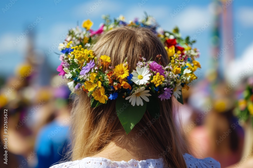 Naklejka premium Back view of blonde woman wearing colorful wildflower crown against blue sky at outdoor summer event