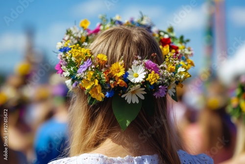 Back view of blonde woman wearing colorful wildflower crown against blue sky at outdoor summer event