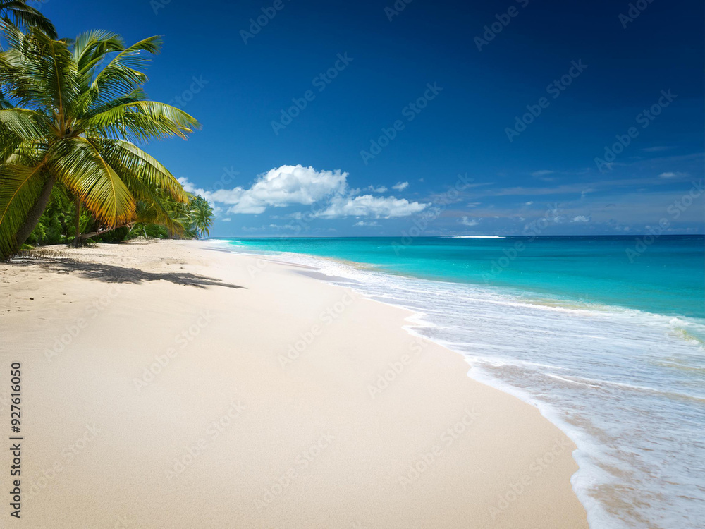 A view of an empty tropical beach, palm trees A view of an empty tropical beach, palm trees