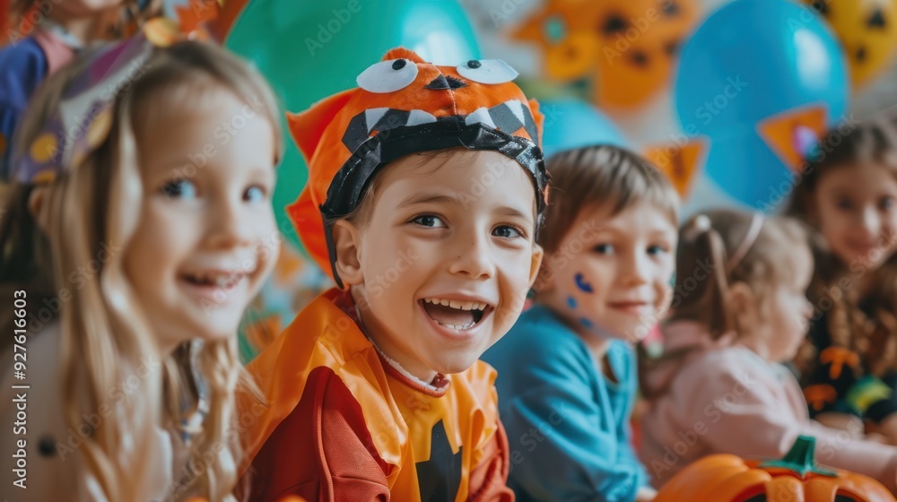 Kids in Halloween costumes, playing party games at a celebration. Kids in Halloween costumes, playing party games at a celebration.