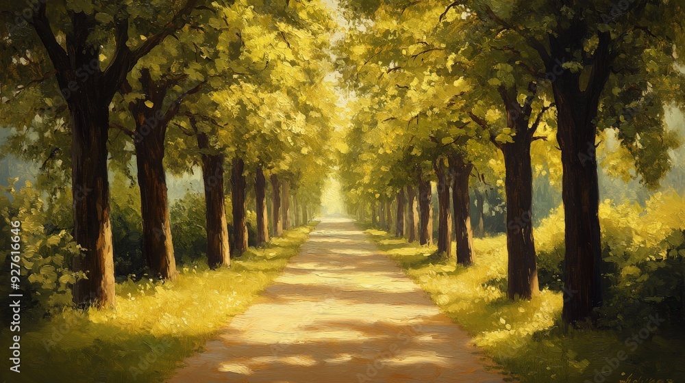 Naklejka premium beautiful oil painting featuring a tree-lined avenue surrounding a forest path