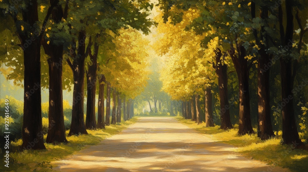 Naklejka premium beautiful oil painting featuring a tree-lined avenue surrounding a forest path