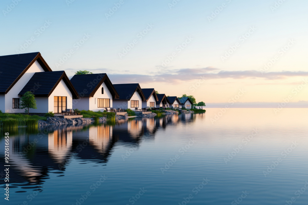 Tranquil lakeside residences reflecting in calm waters at dawn, charming white cottages nestled amidst lush greenery, creating a serene and picturesque escape. Tranquil lakeside residences reflecting in calm waters at dawn, charming white cottages nestled amidst lush greenery, creating a serene and picturesque escape.