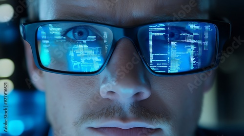 Close-up of a young Caucasian male with glasses, focused intently on digital data reflected in his lenses, conveying a sense of high-tech innovation and concentration.