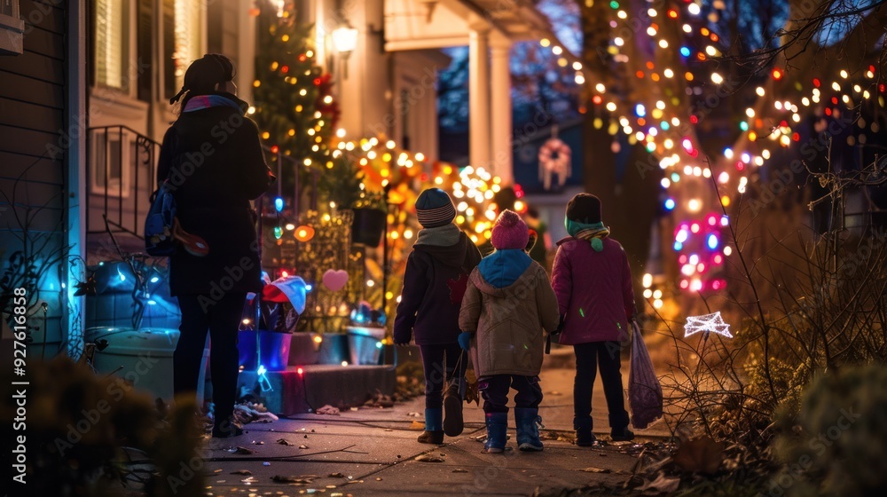 Kids knocking on doors for candy in a well-lit, decorated street. Kids knocking on doors for candy in a well-lit, decorated street.