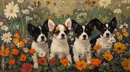 Four Puppies in a Flower Garden.