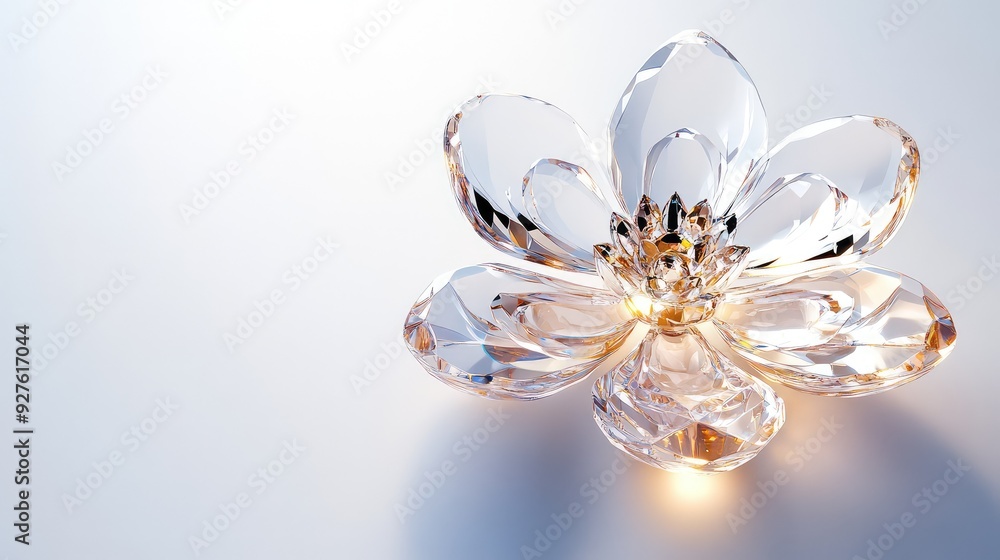 A luminous crystal flower, perfectly centered on a smooth white background. A luminous crystal flower, perfectly centered on a smooth white background.