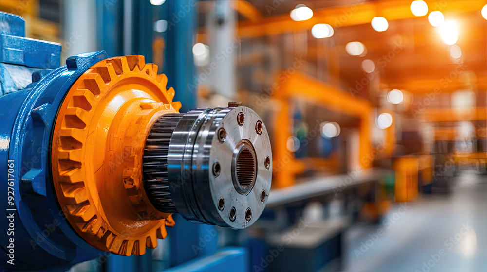 Close-up of industrial gear in a bright manufacturing facility, highlighting machinery and engineering precision. Close-up of industrial gear in a bright manufacturing facility, highlighting machinery and engineering precision.