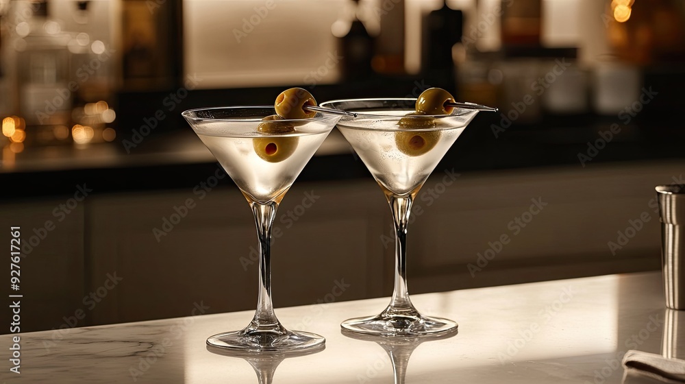 A pair of martinis in elegant glasses, served on a sleek counter, garnished with olives, and backlit with soft, ambient lighting. A pair of martinis in elegant glasses, served on a sleek counter, garnished with olives, and backlit with soft, ambient lighting.