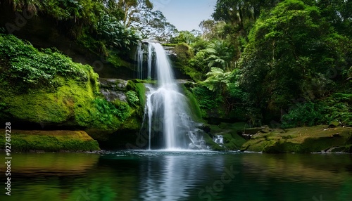 tranquil waterfall cascading into a serene pool, surrounded by lush green vegetation in a tropical rainforest setting, perfect for nature and relaxation themes
