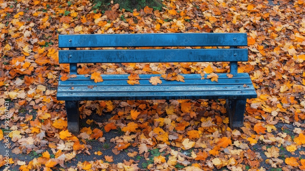 A park bench painted blue contrasts with the orange and yellow leaves scattered on the ground, highlighting the beauty of fall. A park bench painted blue contrasts with the orange and yellow leaves scattered on the ground, highlighting the beauty of fall.
