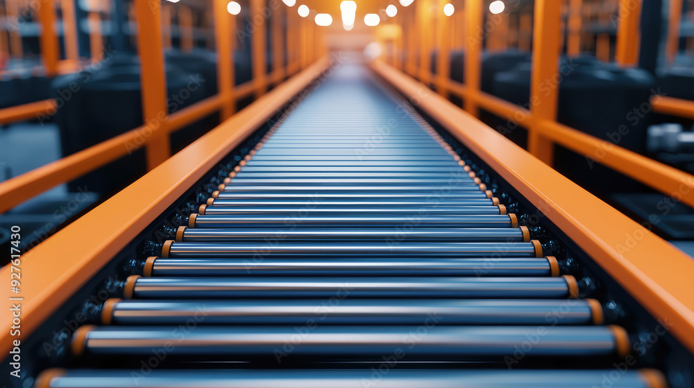 Obraz premium Close-up view of a modern conveyor belt in a warehouse, showcasing industrial design and efficient logistics process.