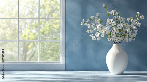 A peaceful blue room, featuring a white vase with flowers near a window, blending simplicity with beauty.