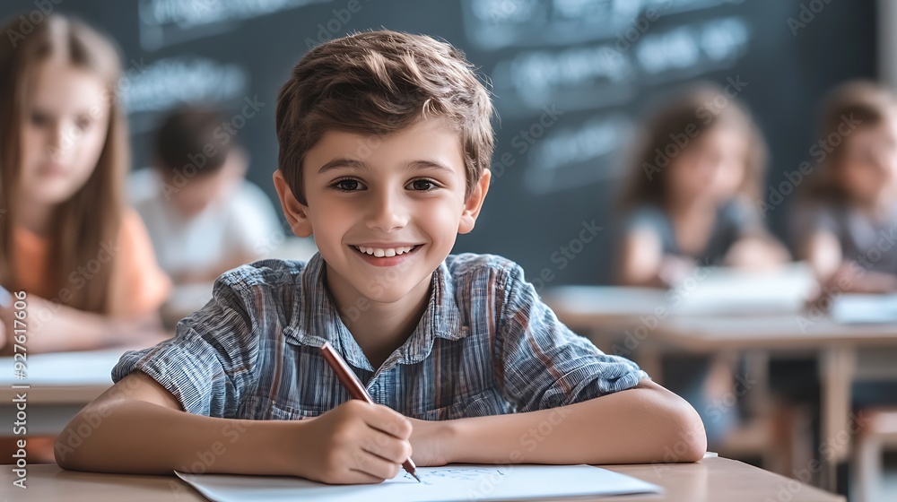 Happy school boy in a classroom writing on a piece of paper with a smile on his face. Happy school boy in a classroom writing on a piece of paper with a smile on his face.