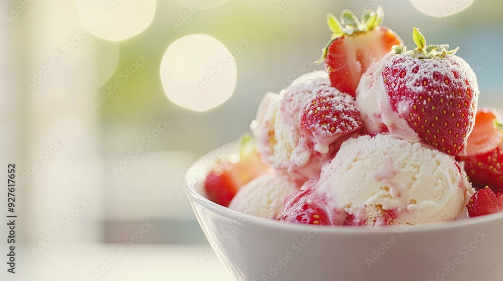 A perfectly scooped bowl of ice cream, topped with ripe strawberries and a sprinkle of sugar, set against a soft, blurred background. A perfectly scooped bowl of ice cream, topped with ripe strawberries and a sprinkle of sugar, set against a soft, blurred background.