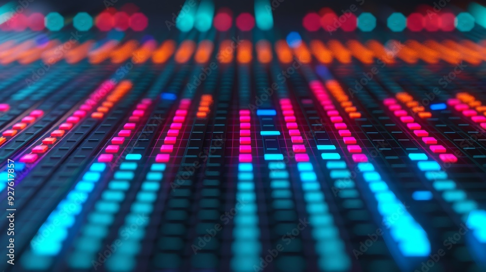 Abstract close-up of colorful LED equalizer lights in dark background. Modern technology and music concept. Abstract close-up of colorful LED equalizer lights in dark background. Modern technology and music concept.