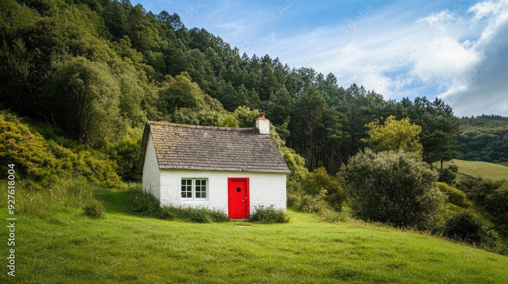 A picturesque small house with a red door on a lush hillside, capturing the idyllic countryside setting under a clear blue sky. A picturesque small house with a red door on a lush hillside, capturing the idyllic countryside setting under a clear blue sky.