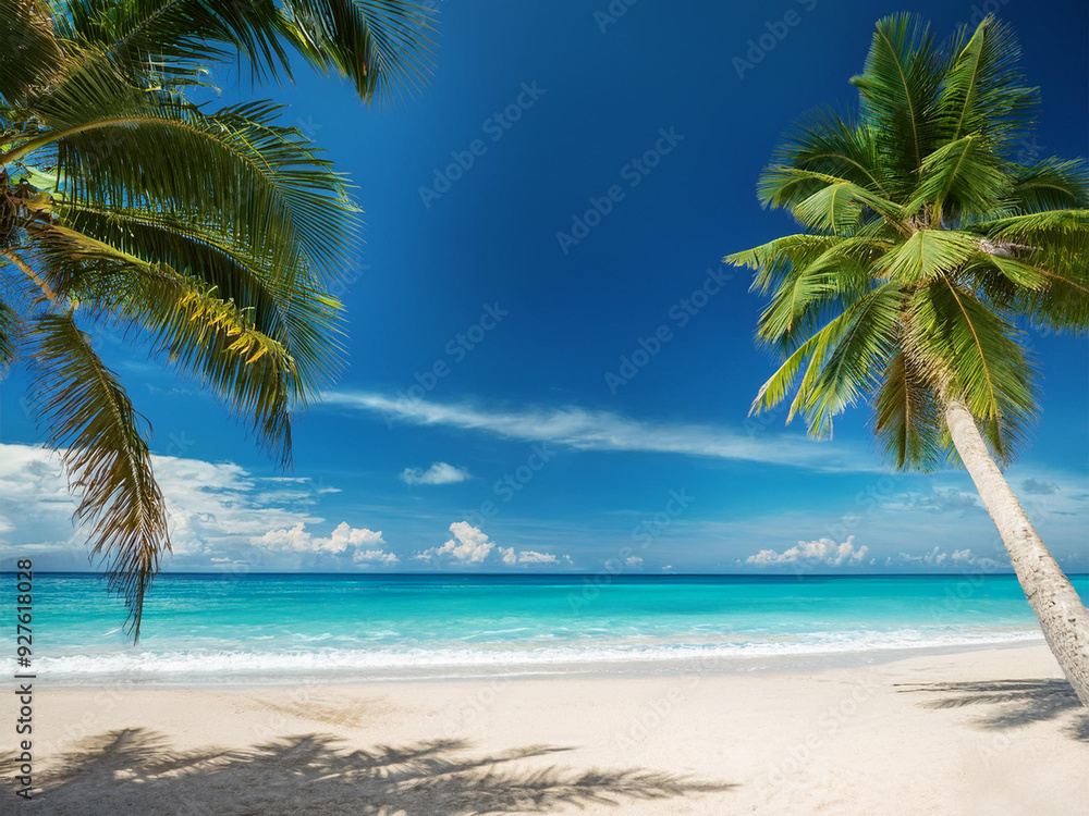 A view of an empty tropical beach, palm trees A view of an empty tropical beach, palm trees