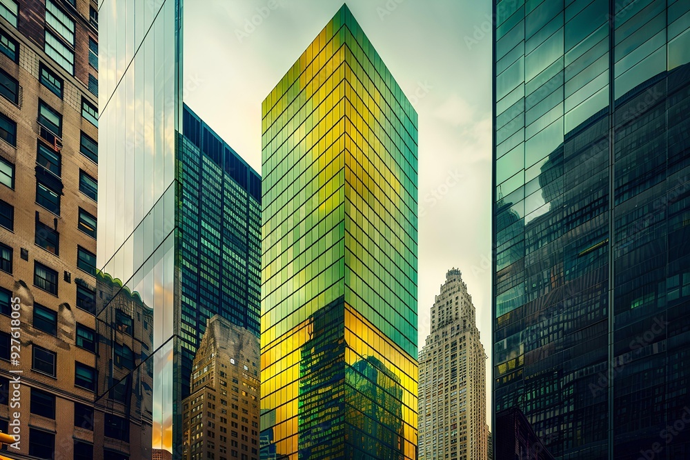 Fototapeta premium Close-up of a tall skyscraper in New York City, a glass building with yellow and green reflections, surround with buildings, cityscape background, evening light
