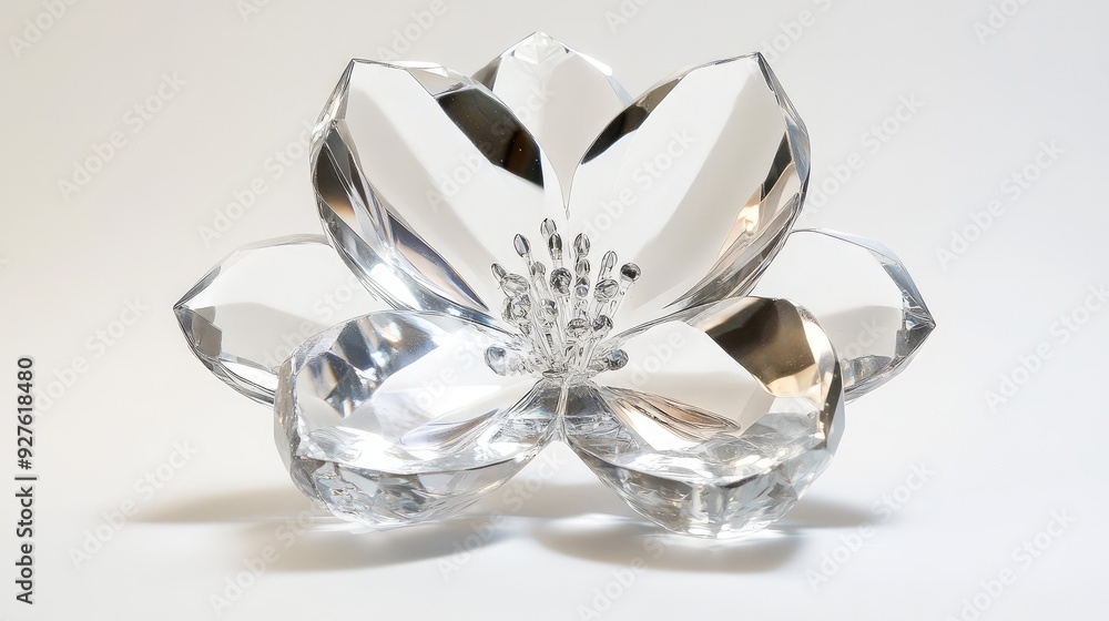 A clear crystal flower displayed centrally against a stark white background. A clear crystal flower displayed centrally against a stark white background.