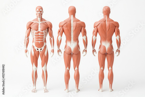 Anatomical model showcasing human muscular structure from three angles, detailed representation of muscles and skeletal features for educational purposes